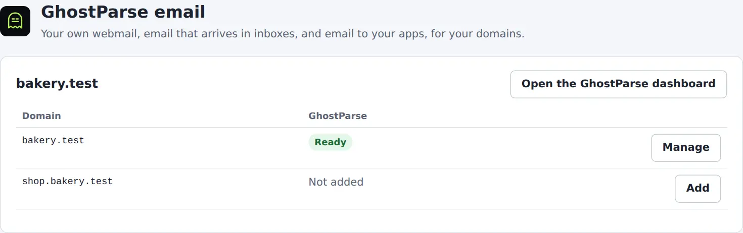 The GhostParse page in cPanel: the customer's account, with a button to open the dashboard and their domains, one ready and one not added yet.