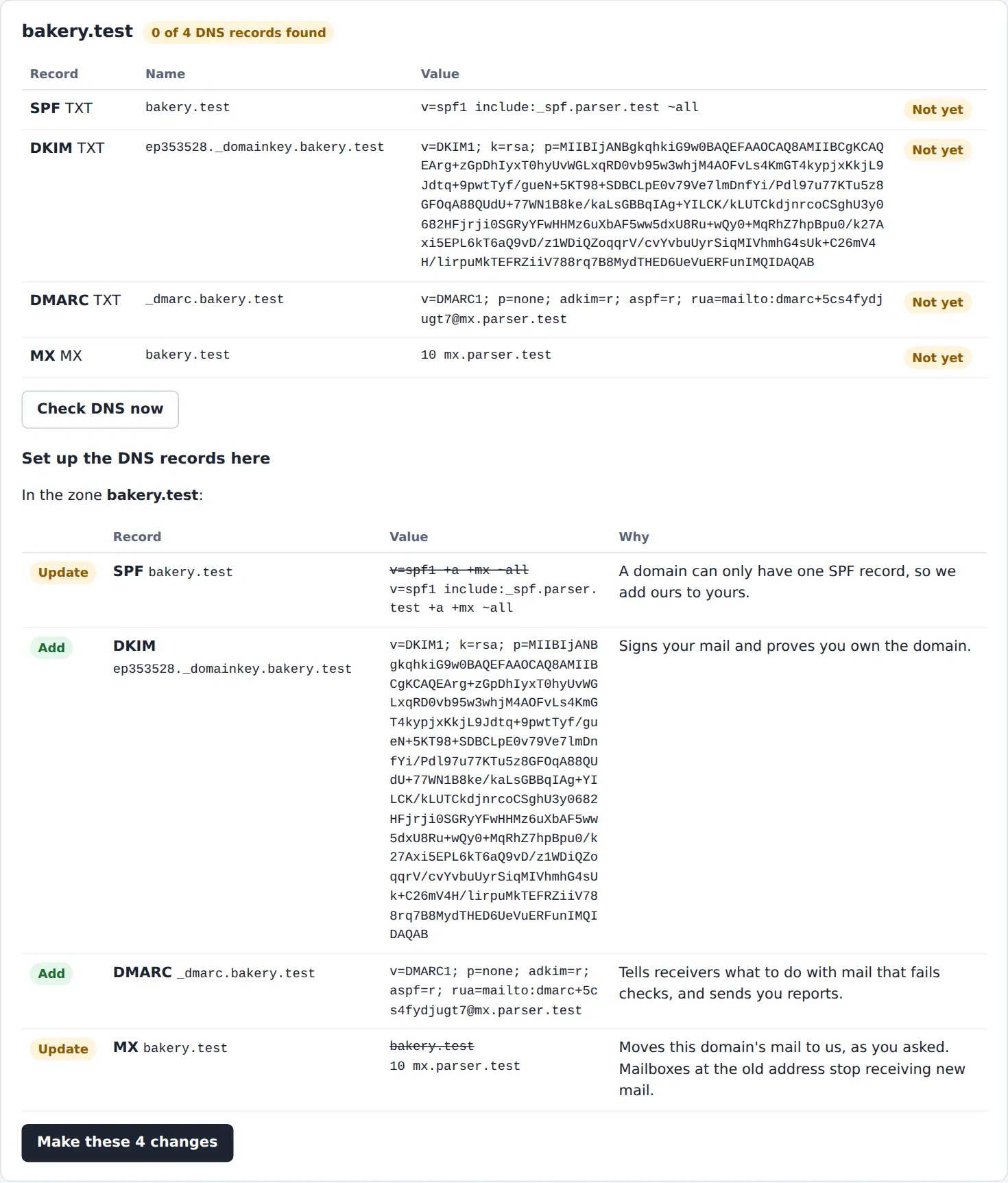 A domain in the cPanel page: its DNS records, then the changes to its zone, merging the existing SPF record and moving the mail servers, with the reason for each.