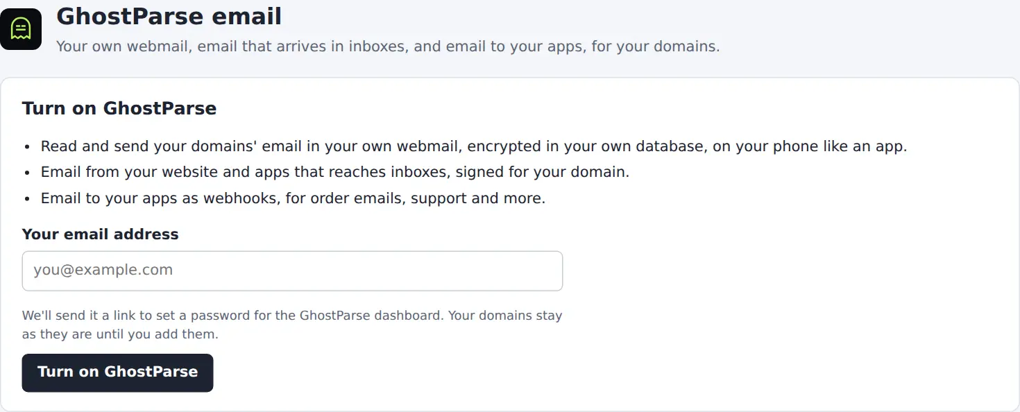 Turning on GhostParse in cPanel: what it does, and a box for the customer's email address.