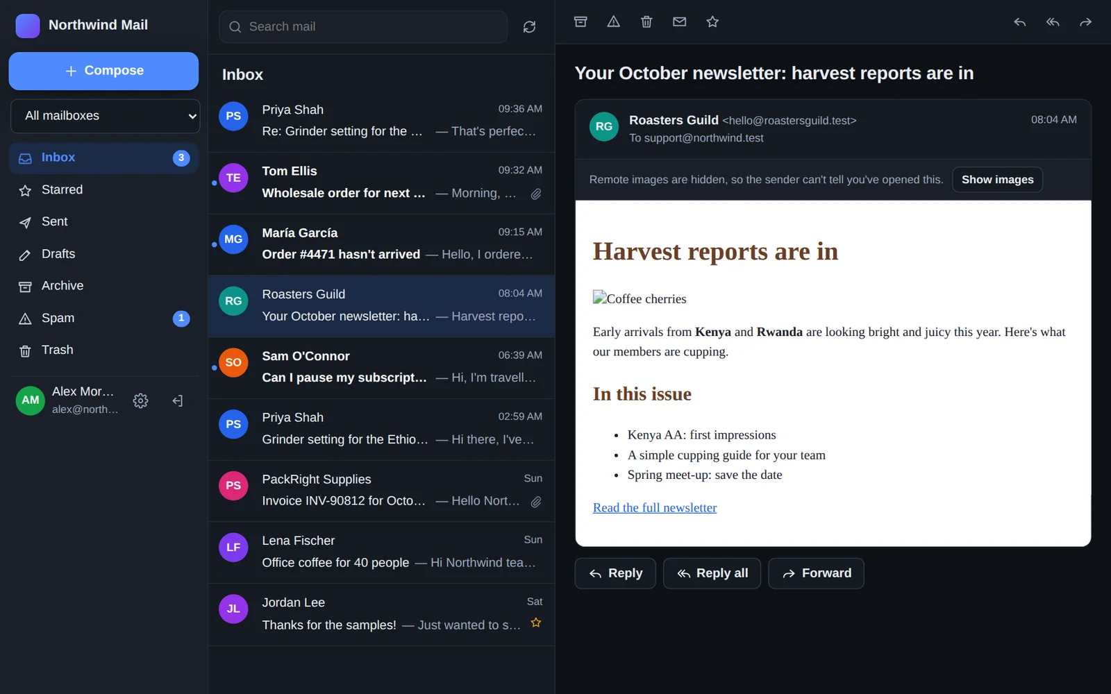 The webmail in dark mode, showing a newsletter with its remote images held back until you choose Show images.