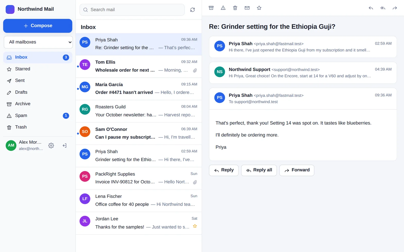 The webmail inbox: folders on the left, the message list in the middle, and a conversation with a customer open on the right.