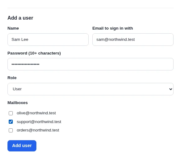 Add a user: name Sam Lee, email sam@northwind.test, a password, role User, and under Mailboxes only support@northwind.test is ticked.