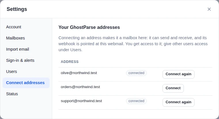 Settings, Connect addresses: olive@ and support@ are connected, and orders@northwind.test has a Connect button.