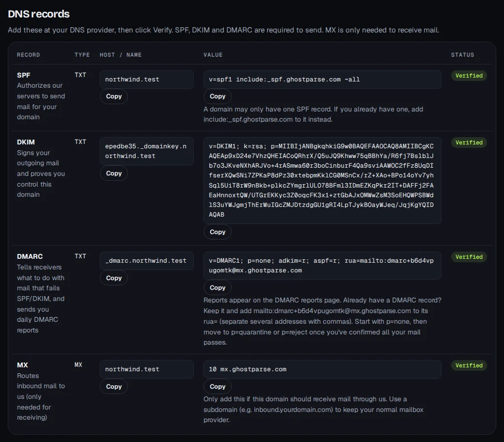 The domain's DNS records in the dashboard: SPF, DKIM, DMARC and MX, each with its host, value, a Copy button and a green Verified badge.
