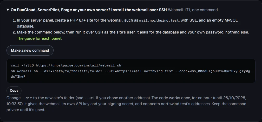 The Install the webmail over SSH card: two steps, a Make a new command button, and the two-line command with a one-time setup code.