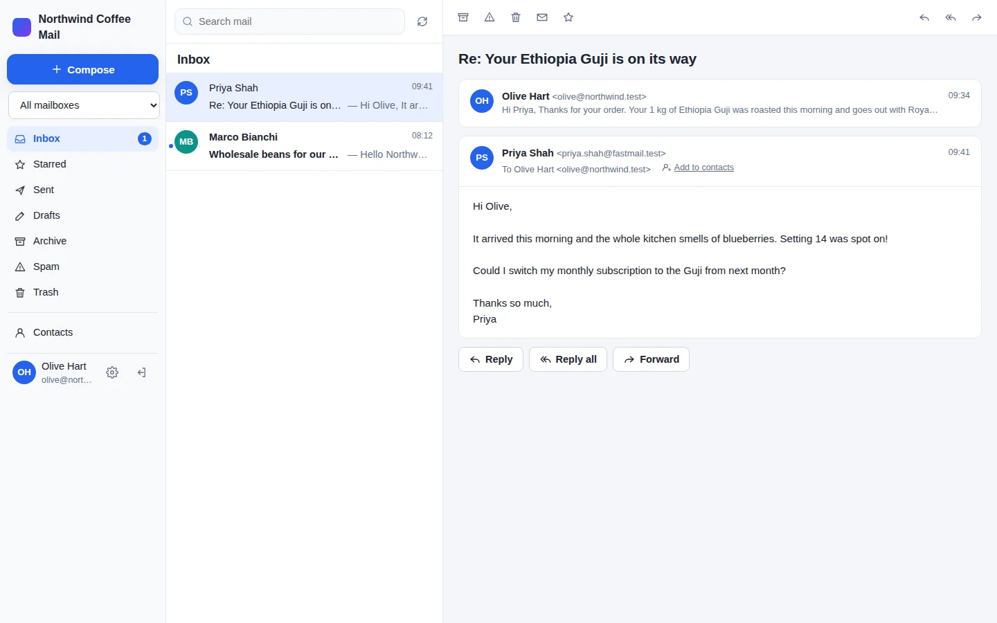 The inbox with Priya Shah's reply open: the conversation shows Olive's original email collapsed above Priya's reply, with Reply, Reply all and Forward buttons.