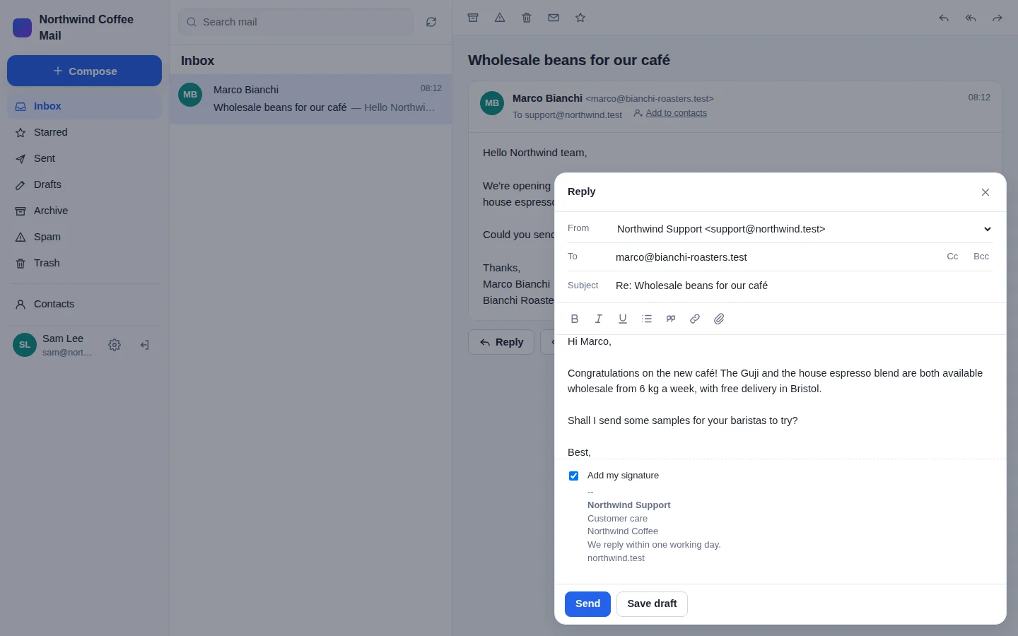 Sam Lee's webmail: Marco Bianchi's email in the inbox and a Reply window from Northwind Support <support@northwind.test> with the Northwind Support signature.