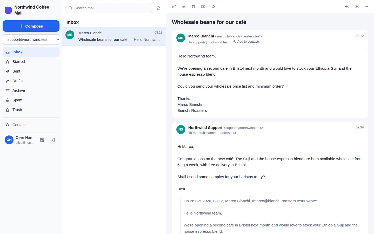 Olive's webmail filtered to support@northwind.test: the conversation shows Marco Bianchi's enquiry and Northwind Support's reply below it.