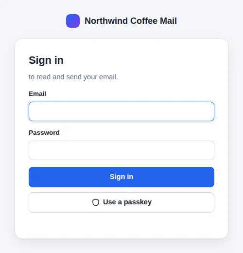 The webmail's sign-in page for Northwind Coffee Mail, with email and password fields and a passkey button.
