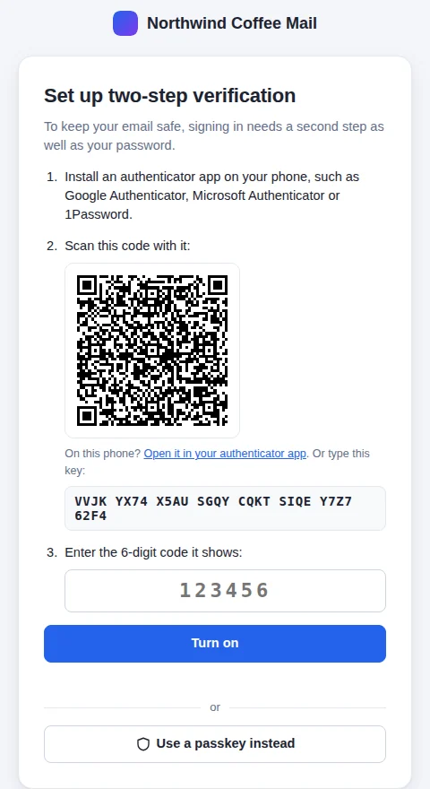 Set up two-step verification: install an authenticator app, scan the QR code, then enter the 6-digit code and choose Turn on.